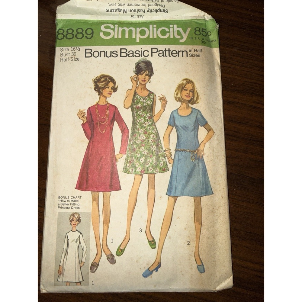 VTG Simplicity 8889 Sz 16.5 Bust 39 Dress Pattern 1971 Dapper Retro